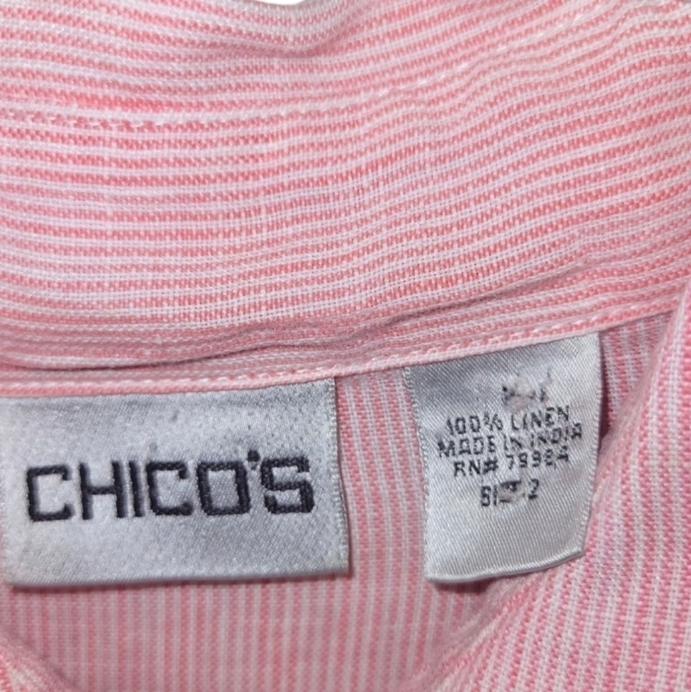 Chico's Pink and White Stripped Linen Button Down Side Pocket Knee Length Shirt - Picture 6 of 6